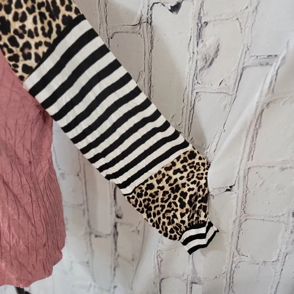LONG Sleeve Pink‎ Leopard Print Striped Color Block Pullover Balloon Sleeve, M - Picture 2 of 7